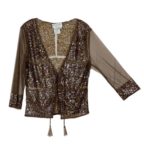 Papell Boutique Sweaters - Nwot Vintage PAPELL BOUTIQUE Top Cardigan L Brown Iridescent-Sequin Sheer Tassel